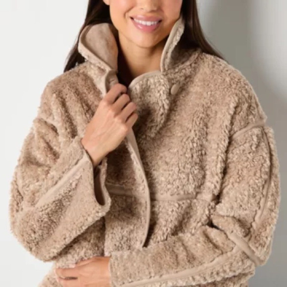 a.n.a Women's XL Teddy Faux Fur Jacket Latte Beige Faux‎ Leather Trim New